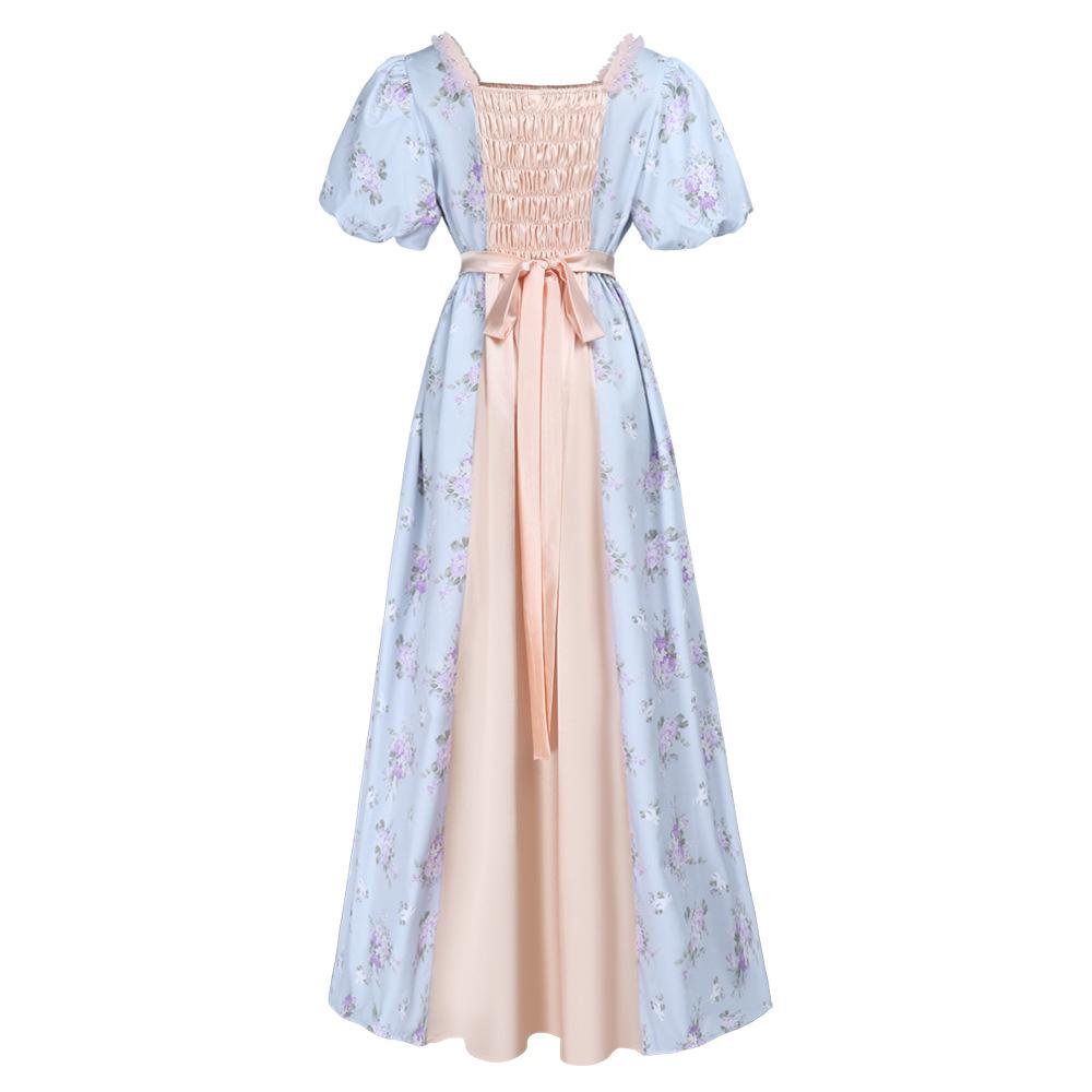 Vintage Regency Floral Tea Gown, Puff Sleeve Empire Waist Victorian Dress for Women, Ideal for Bridgerton Cosplay, Tea Parties and Halloween
