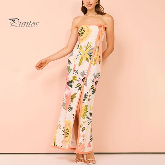 

Женское отпускное платье с открытыми плечами, бандо с разрезом, цветочным подолом, декором на шнуровке, с открытой спиной, облегающее курортное платье, летнее пляжное платье макси S