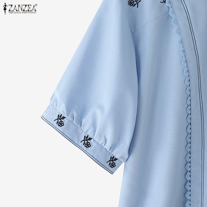 ZANZEA Summer Women Round Neck Short Sleeve Crochet Embroidery Casual Blouse