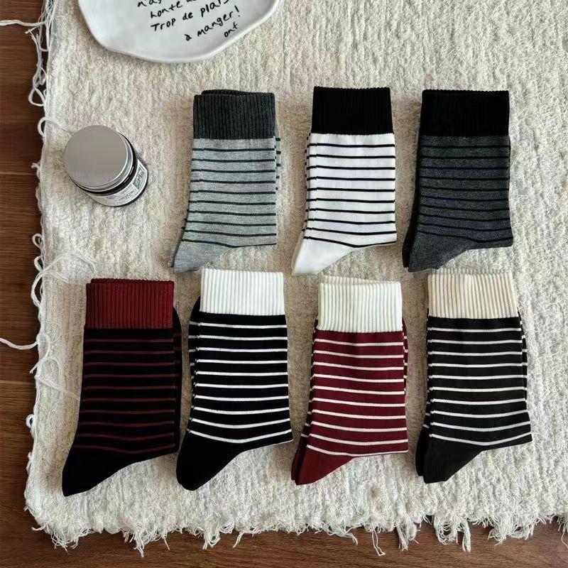 Socks Medium Tube Socks Season Tide Retro Striped Stockings Pure Cotton Sweat-Absorbing Deodorant Pile Socks Women