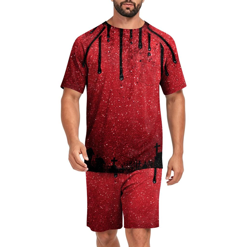 Men's Halloween Casual Pajama Set Short Sleeve Top and Shorts Comfortable Lightweight Sleepwear Set with Pumpkin and Bat Print for Home Use