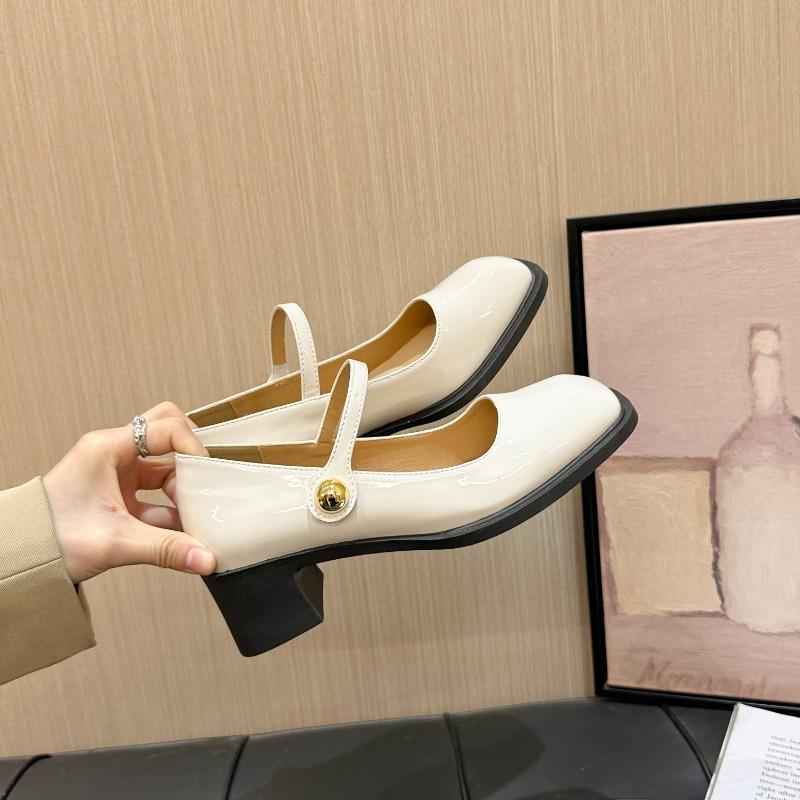 Women's Square Head Shallow Mouth Splicing A Word with Anti-slip Wear-resistant High Heels Spring New Coarse Heel Shoes