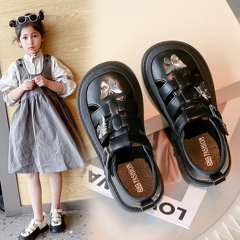 

Маленькие кожаные туфли для девочек, черные весенне-осенние новые римские туфли на плоской подошве, туфли в западном стиле на толстой подошве для маленьких девочек