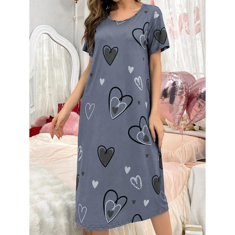 Velká velikost, Kulatý výstřih, Krátký rukáv, Modrý květ meruňky, Domácí oblečení, Noční košile, Šaty, Ležérní, Dámské oblečení s potiskem