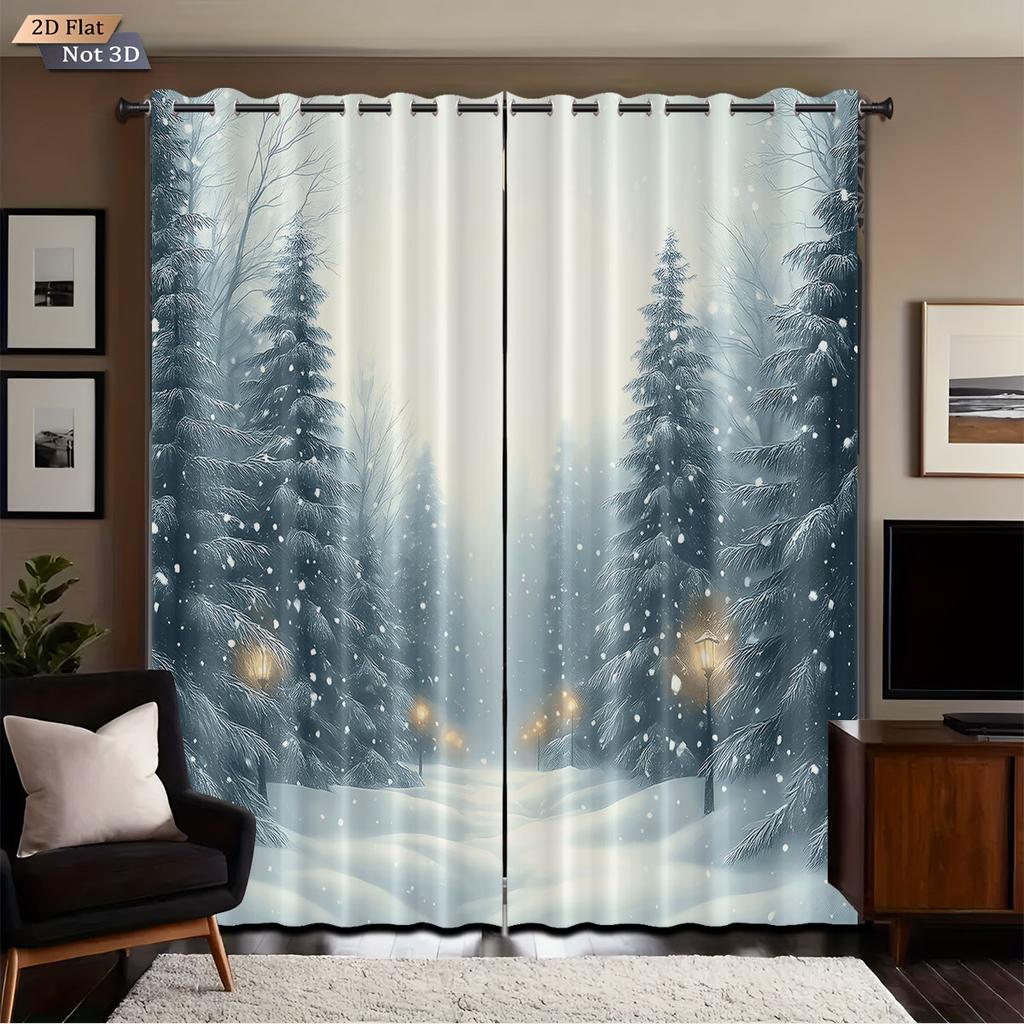 Set Of 2 Winter Christmas Snowy Forest Printed Shade Curtains Insulation Multi Size Living Room Holiday Decoration Curtain Polyester Machine Washable