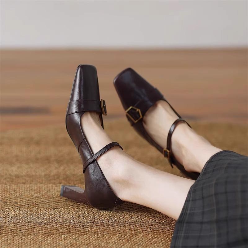 Fashion Metal Buckle Decoration Mary Jane Shoes Women Comfortable Leather High Heels Elegant Chunky Heel Women Pumps Zapatos De Mujer