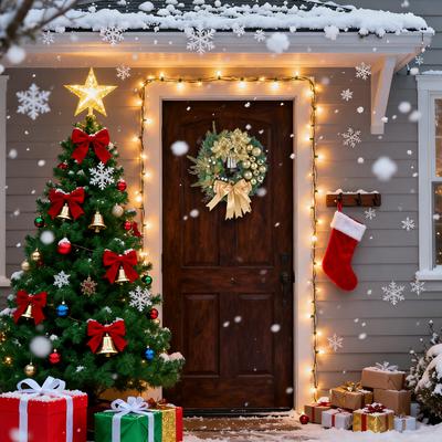 Christmas Wreath With Lights Red Bow Holiday Door Decorations For Window Porch Indoor Outdoor Party Scene Decoration
