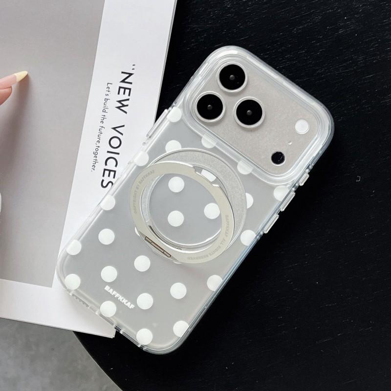 Transparent Matte Phone Case With White Polka Dots IPhone 17 16 Pro Max 15 Series 360 Rotating Stand Soft TPU Shockproof Cover