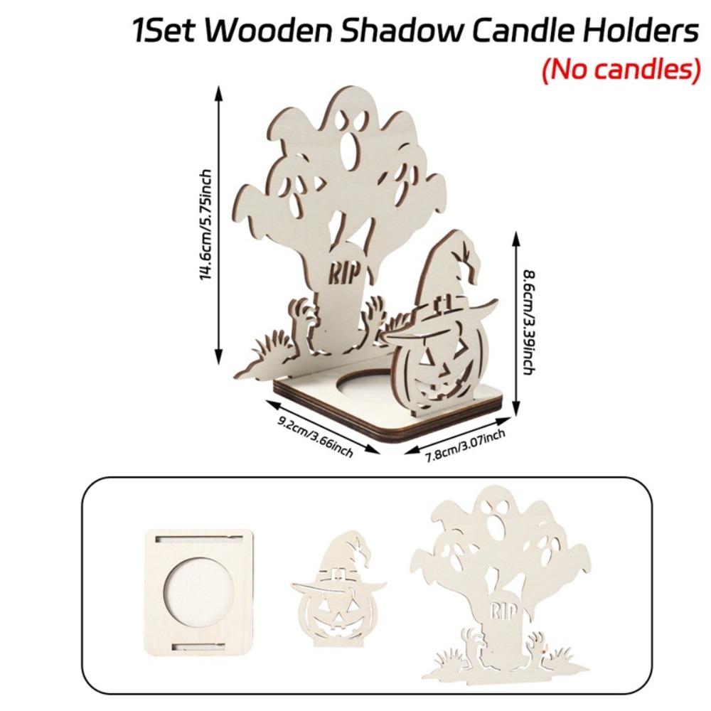 Wooden Material Wooden Candle Holder Shadow Projection Design Halloween Candlestick  Indoor Decor