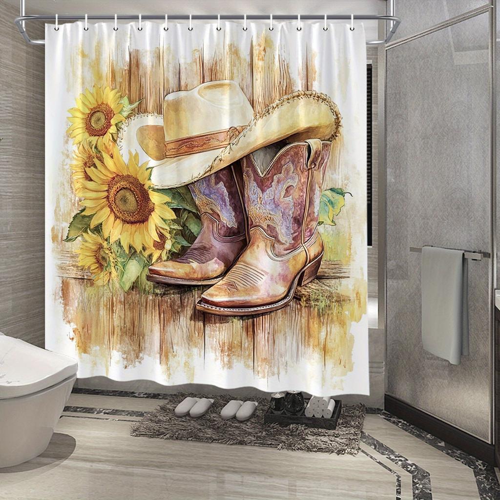 Western Rustic Cowboy Shower Curtain-Realistic Painterly Style, Brown Boots & Hat, Yellow Sunflowers, Textured Wood Background,