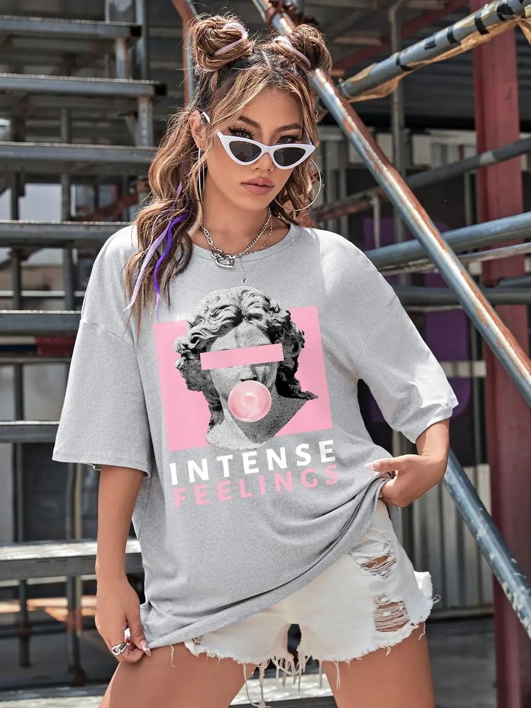 Unisex INTENSE FEELINGS Street Hip Hop Female T-Shirts Loose Oversize Short Sleeve Soft Soft Tops Summer Breathable Tee Clothing