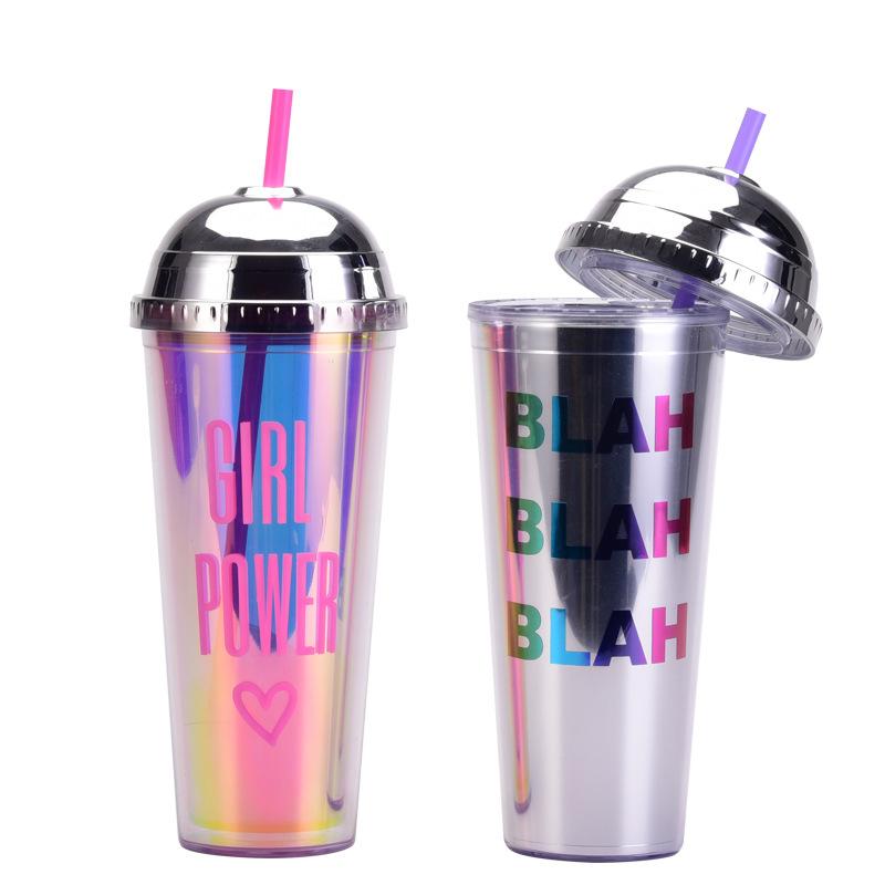 24Oz Straw Cup Leopard Print Magic Semi-Round Cover Water Cup Large Capacity Portable Double Layer Plastic Cup