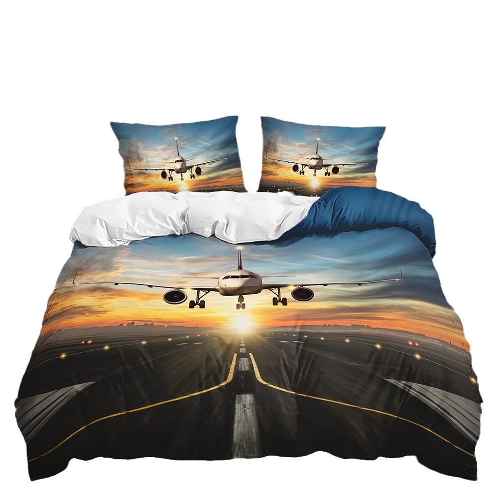 Dreiteiliger Bettbezug mit Flugzeugmotiv, zweiteiliges Bettwäscheset, digital bedruckter Kissenbezug