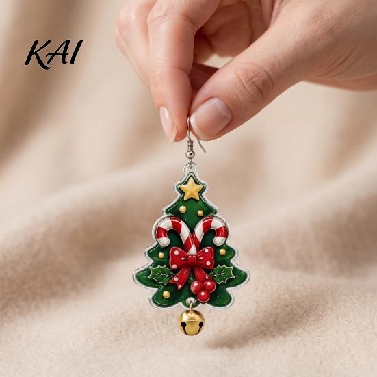 Decorative Holiday Earrings 1 Pair Acrylic Christmas Tree Dangle Earrings, 2D Flat Xmas Bow Bell Candy Cane with Bell, Party Jewelry for Women