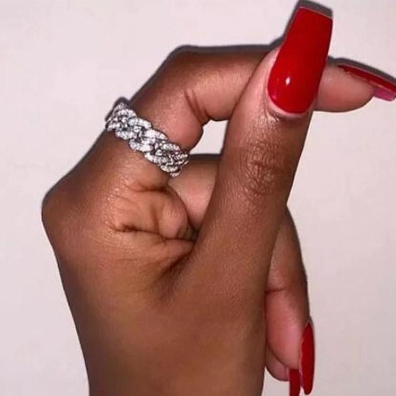 Schicke strahlende kubanische Gliederkettenringe für Damen Ice Out Mikro-Pavé Zirkonia Tennisring Modeschmuck Hiphop Rock Schmuck