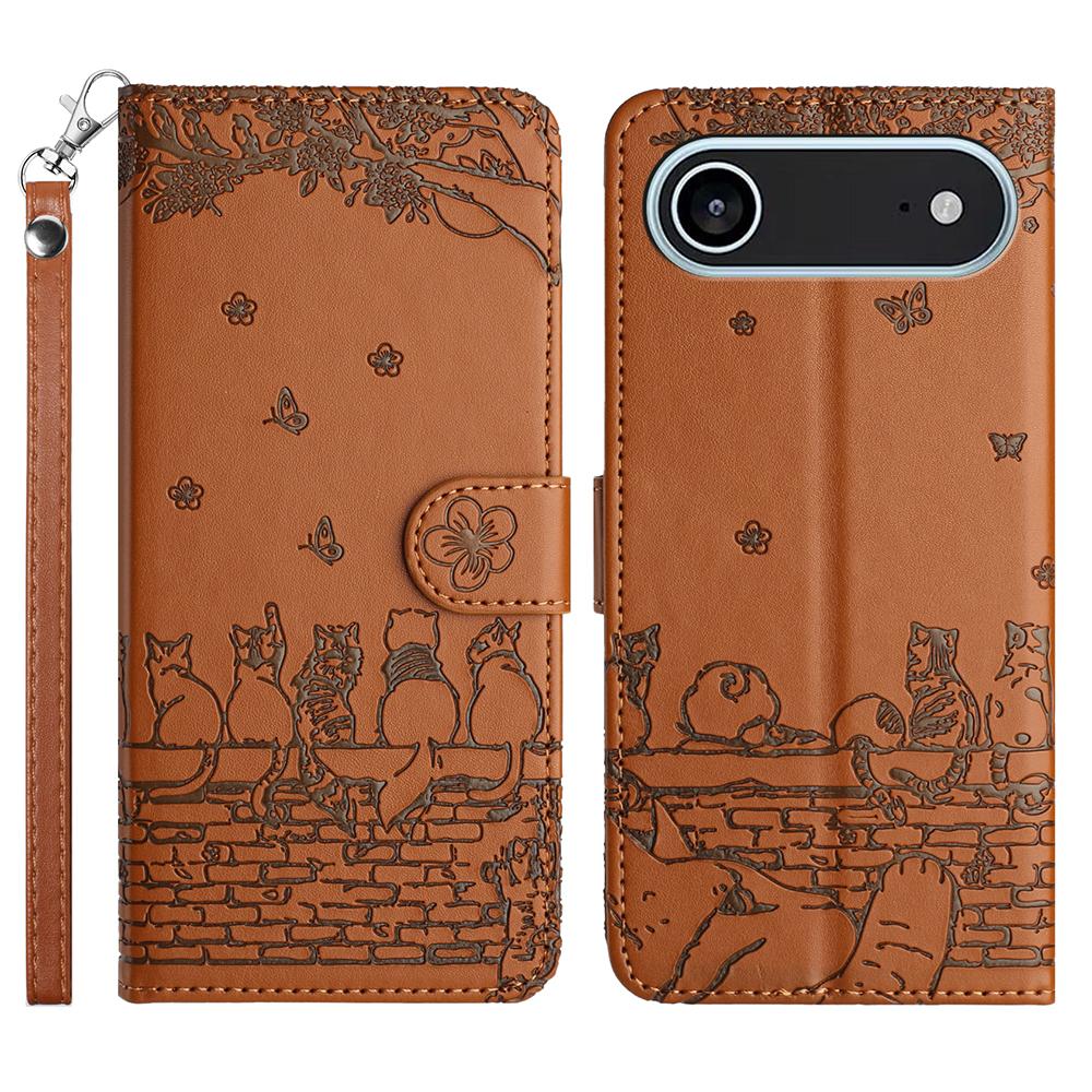 For iPhone 17 Air Case with Wrist Strap Leather Phone Cover Wall Cats Pattern