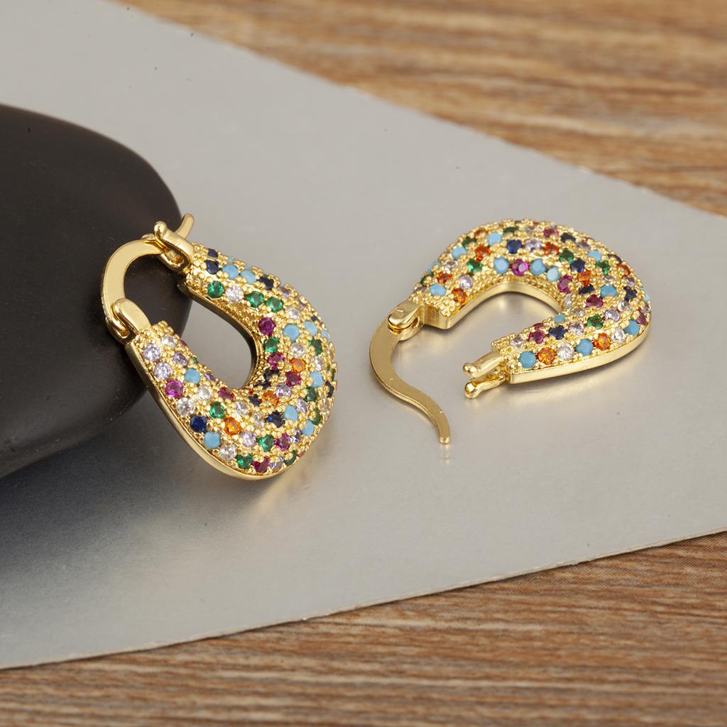 Nidin High Quality U Shape Copper Inlaid White/Colorful Zircon Hoop Earrings For Women Female Wedding Party Ear Jewelry Gifts