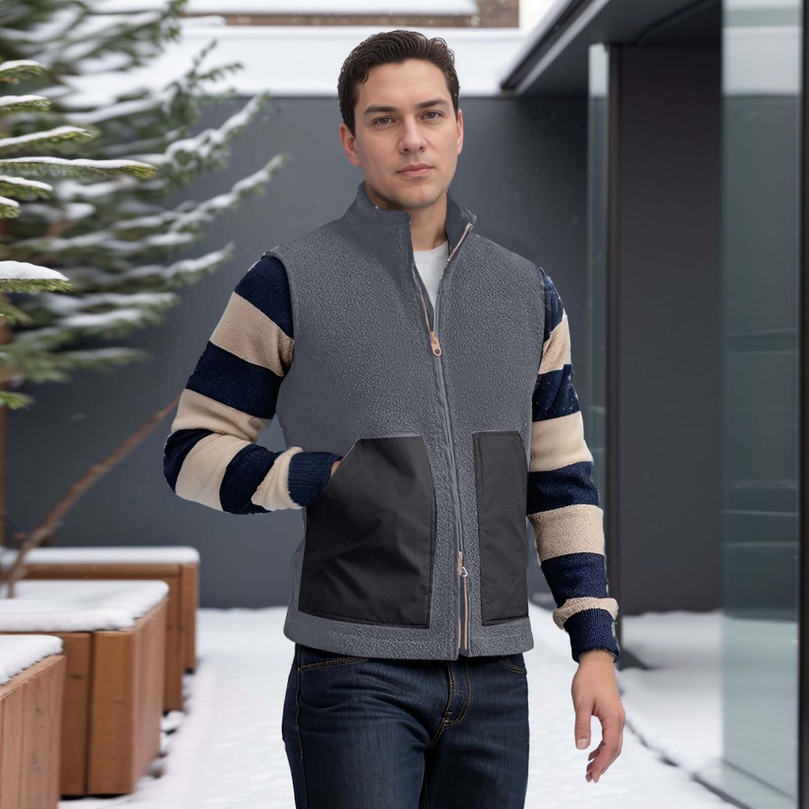 

Мужской жилет из овчины с воротником-стойкой на молнии, с большим карманом, повседневный спортивный жилет XL тёмно-синий