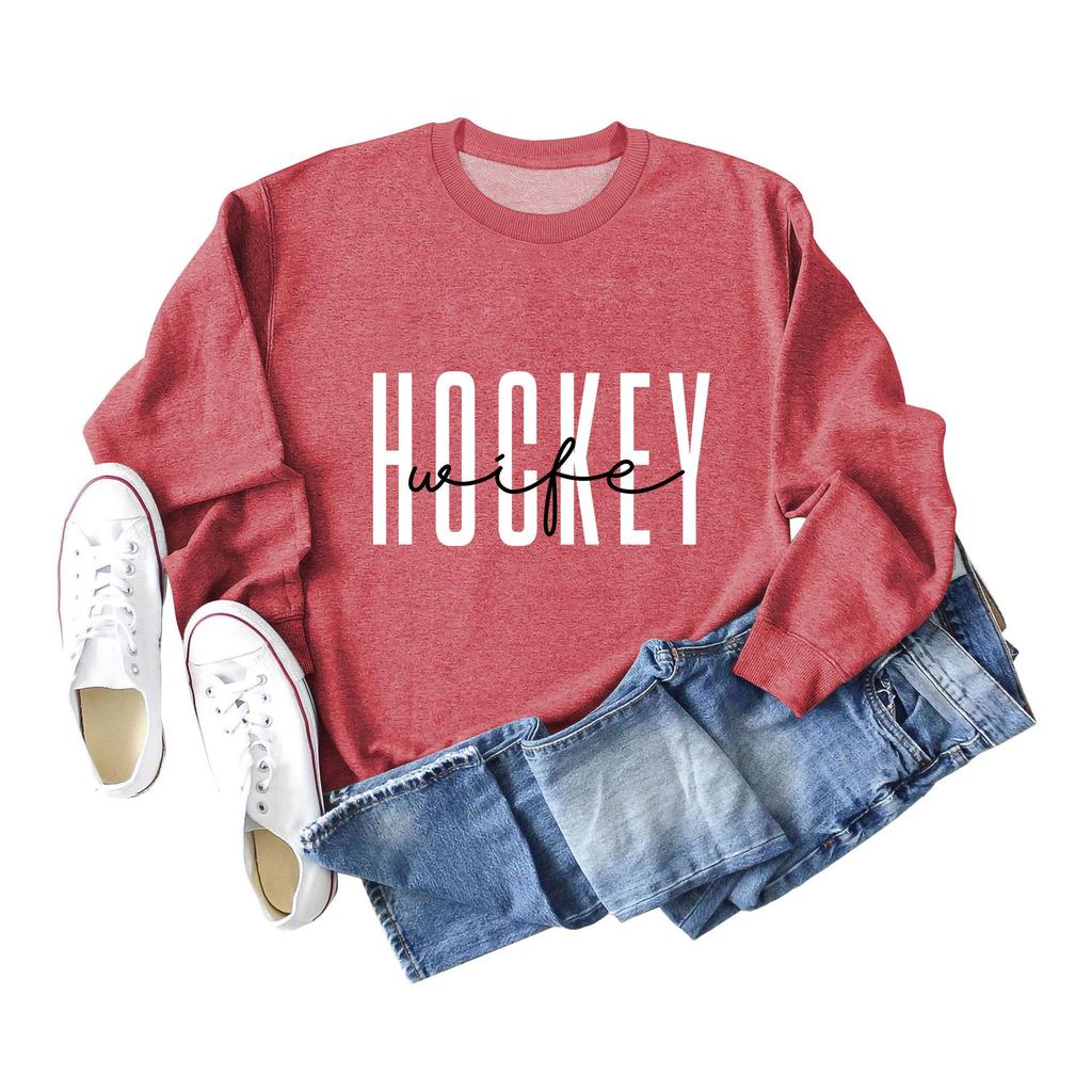 European & American Fashion Long Sleeve Loose Hoodie with 'Hockey Wife' Print for Women
