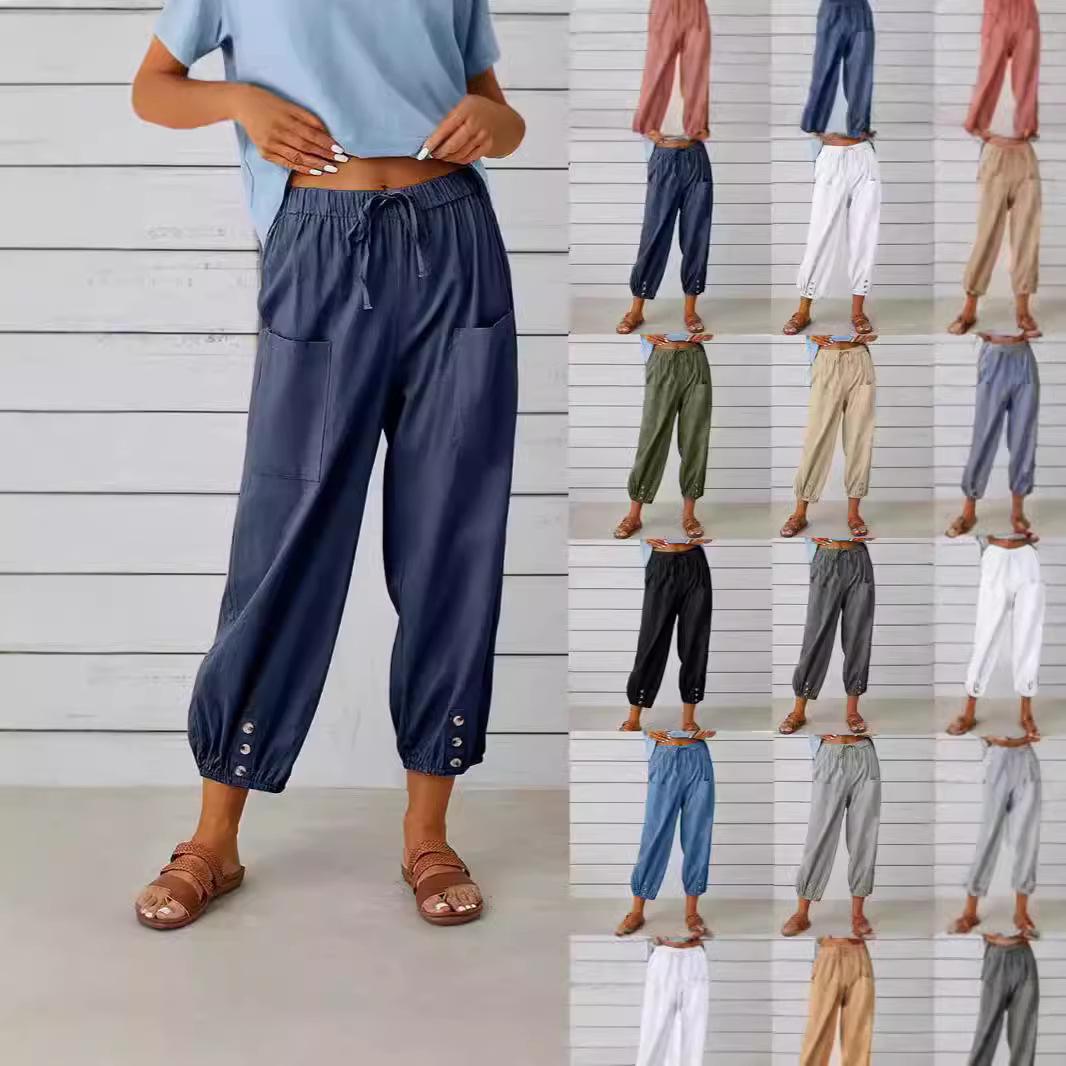 

2024 Women s High-Waisted Wide-Leg Cotton Linen Button Pants S чорний