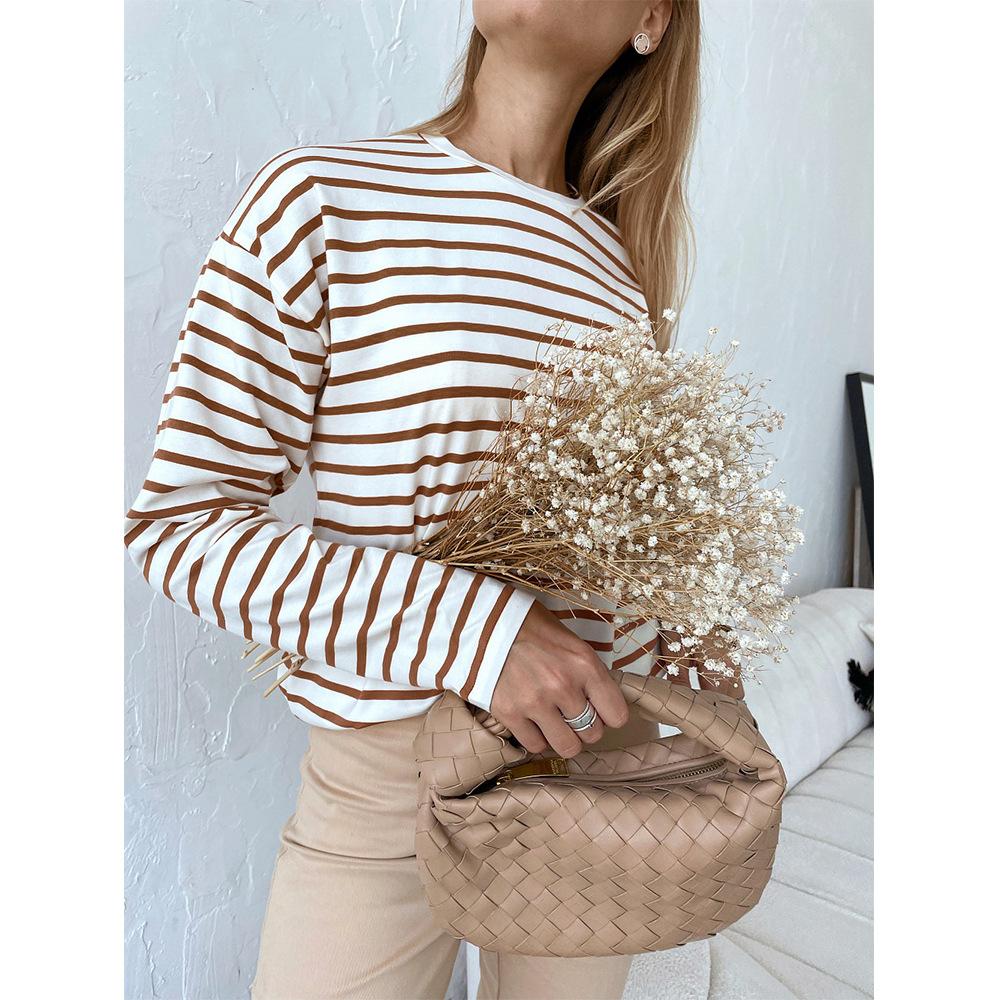 Spring Long Sleeved Striped T-shirt, Versatile European and American Casual Round Neck Pure Cotton Striped T-shirt