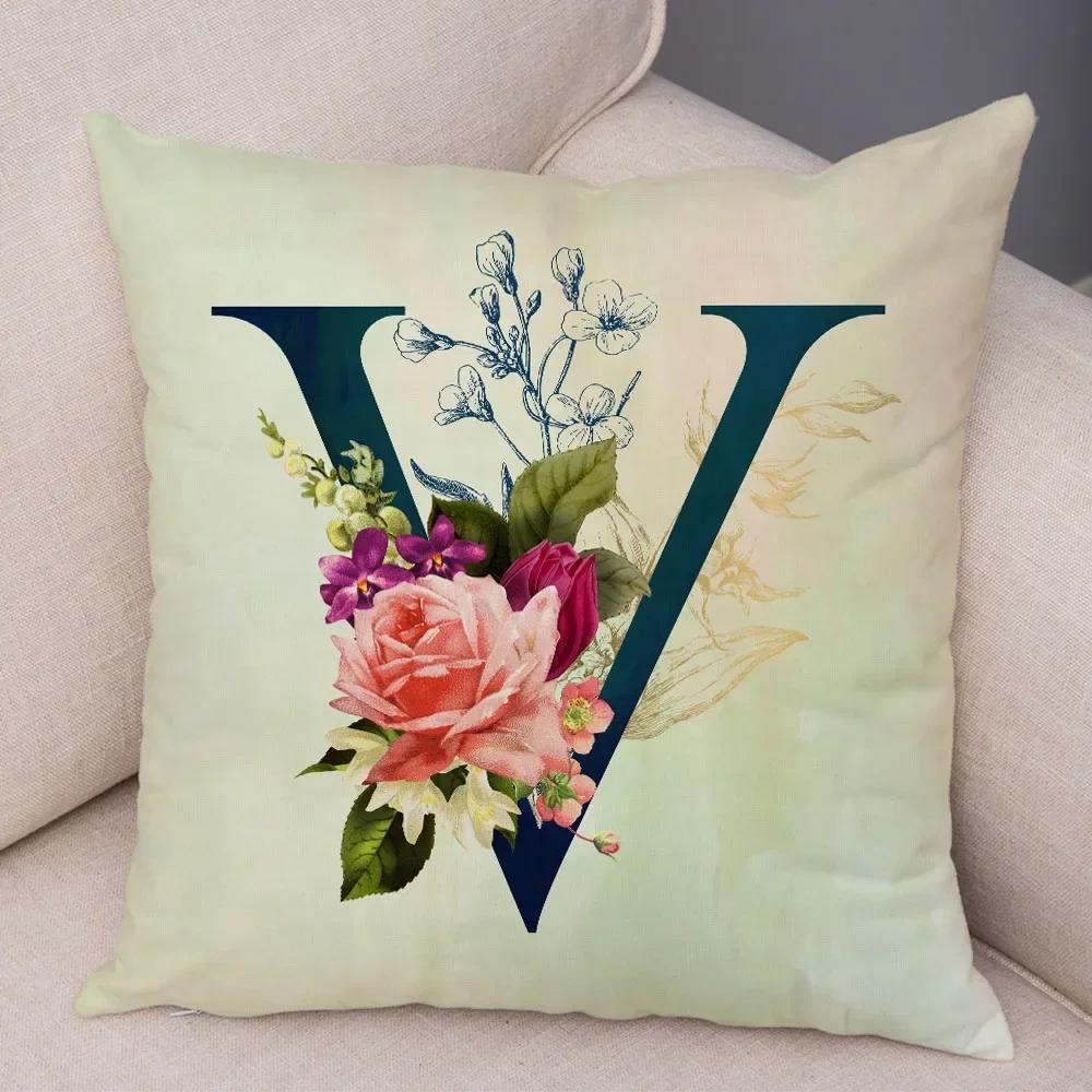 English Flower Beige Letter Print Pillow Case for Sofa Home Decor Floral A-Z Cushion Cover Soft Short Plush Pillowcase 45x45cm