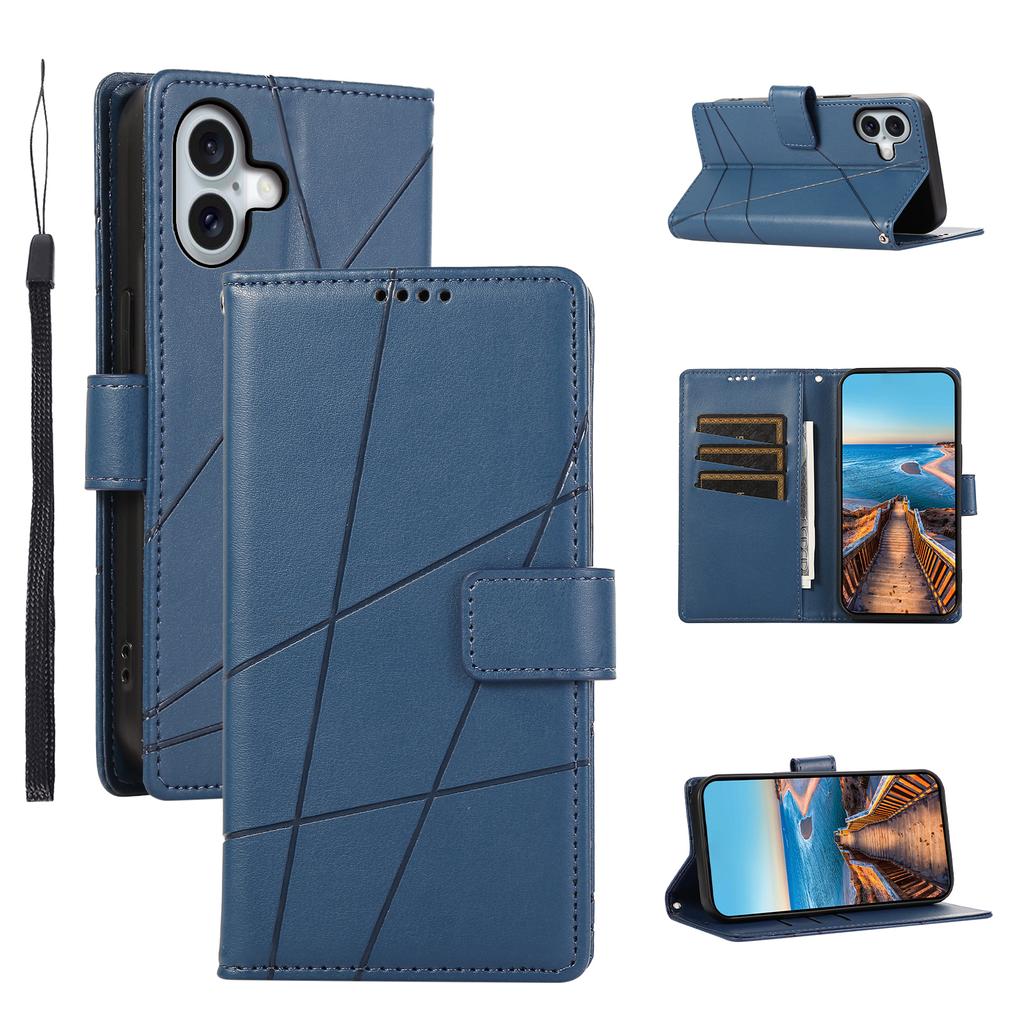 For iPhone 17 Phone Case Line Imprint Leather Wallet Cover with Wrist Strap