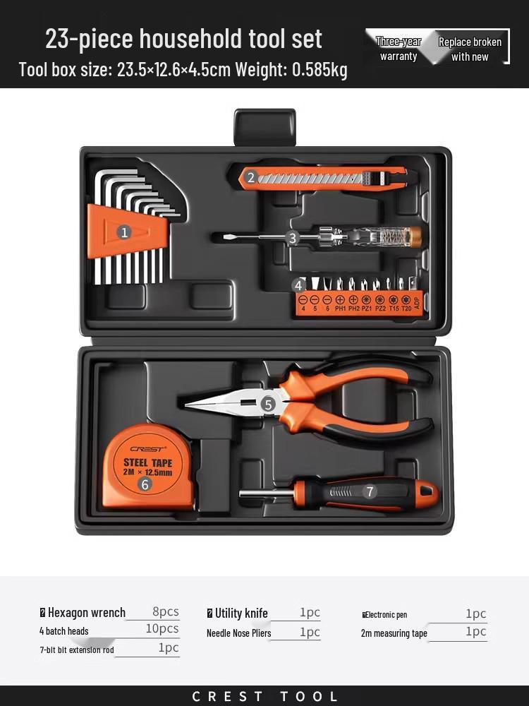 Household Repair Tool Set - Includes Pliers, Hammer, Wrench, and Combination Box
