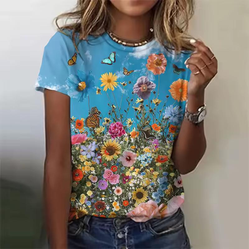 

Fashion Flower Print Crew Neck Short Sleeve Casual Loose Top T-Shirts Women’s L