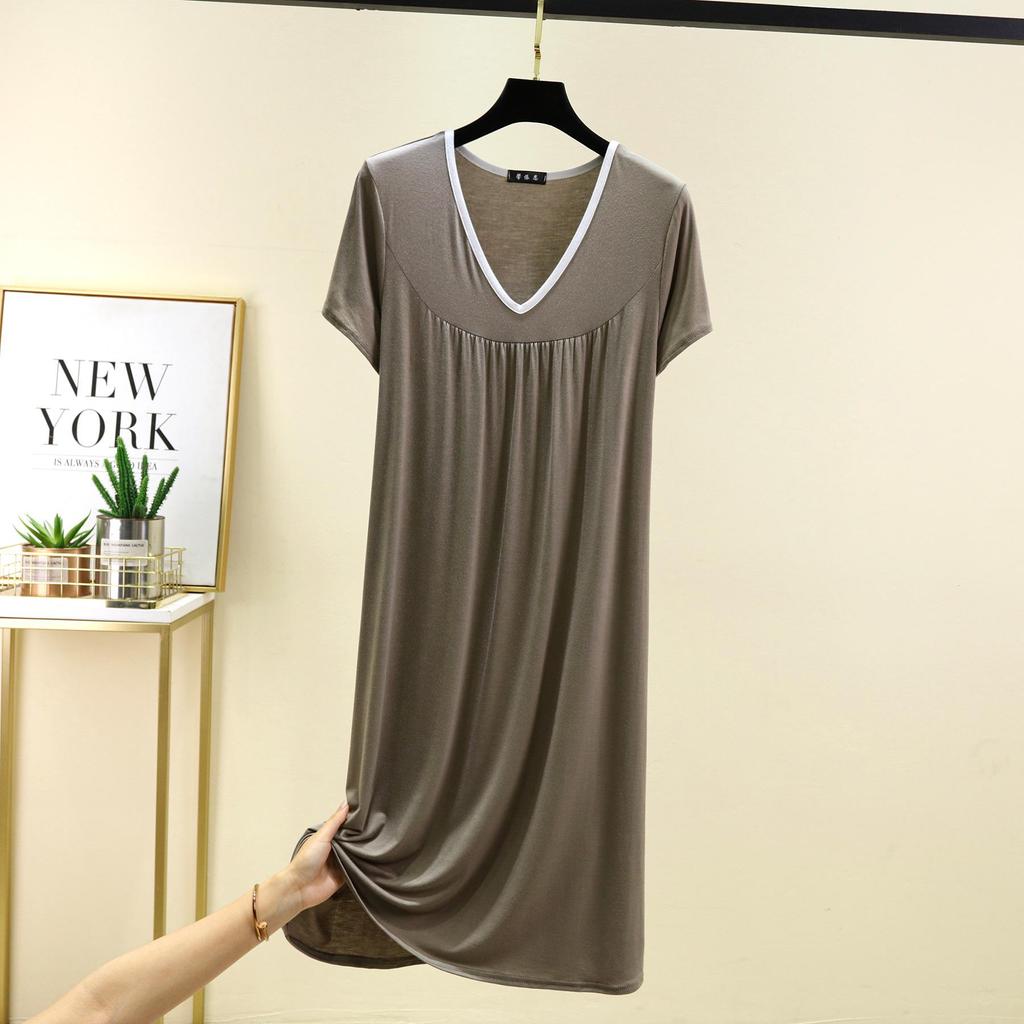 Übergröße M bis 6XL Modal V-Ausschnitt Nachthemd Sommer Damen Locker Hauskleid Einfarbig Lässig Langes Nachthemd Komfort Hauskleidung