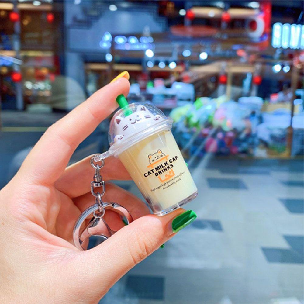 Women Liquid Fruit Cup Milk Tea Floating Cute Cat Key Chain Fashion Accessories Jewelry Key Ring