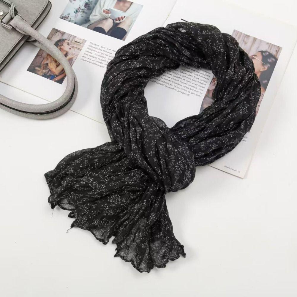 Floral Cotton Linen Scarf Vintage Long Shawl Wrap Fashion Pleated Printed Scarf  For Autumn Winter