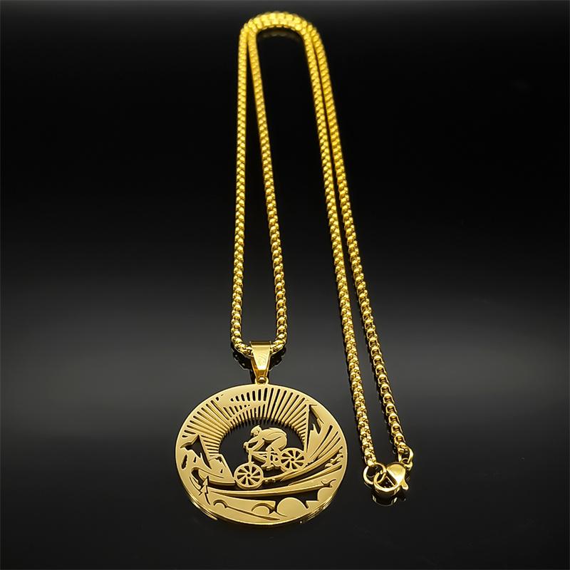 Cycling Man Road Pendant Necklace For Women Men Stainless Steel Gold Color Bicycle Sports Style Gap Travel Male Chain Jewelry