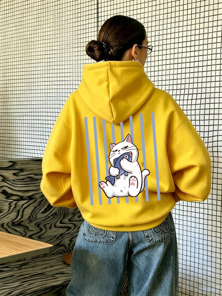 Women's hooded sweatshirt, featuring cat and fish patterns, with a casual style, suitable for running, Y2K trend