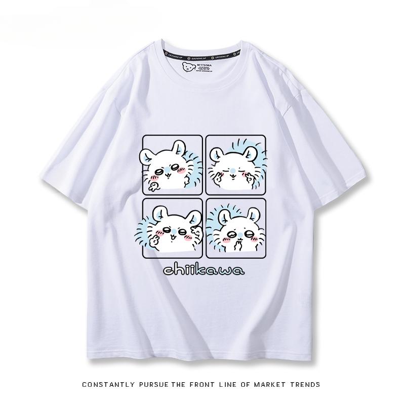 Chiikawa Cute Four-cell Pattern T-shirt Summer High Quality 100% Cotton T-shirt Casual Comfortable Loose Men's T-shirt