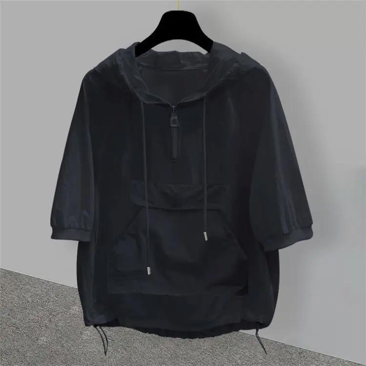 

Мужская летняя толстовка с капюшоном и коротким рукавом Свободный дизайн Рабочая одежда Пэчворк Топ XS чёрный