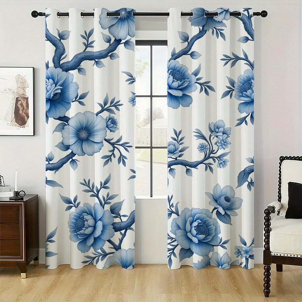 Blue Floral Branch Pattern Curtains Polyester Fabric Suitable Bedroom Living Room Decoration Set Of 2 Made Machine Washable Sitting Decor