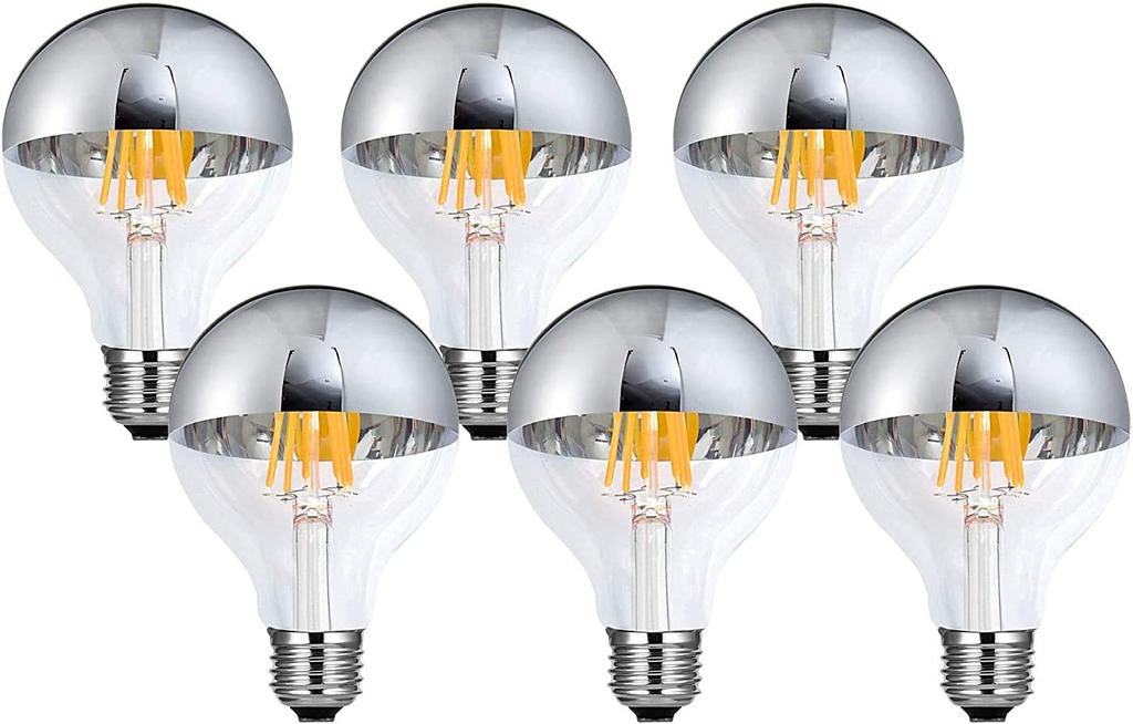 KY LEE Metal LED Silver Ball Lamp 8W Filament LED Bulb Energy Saving High Color Rendering G80 110V 2700K Warm White E26 Base Half Chrome Bulb 6-Pack