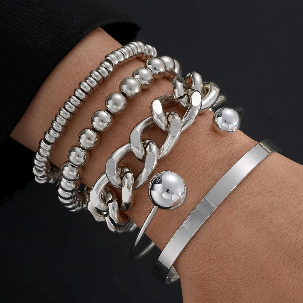 5pcs Punk Metal Cuban Chain Bracelets Set for Women Simple Geometric Gold Color Chunky Beaded Bracelets New Fashion Jewelry Gift