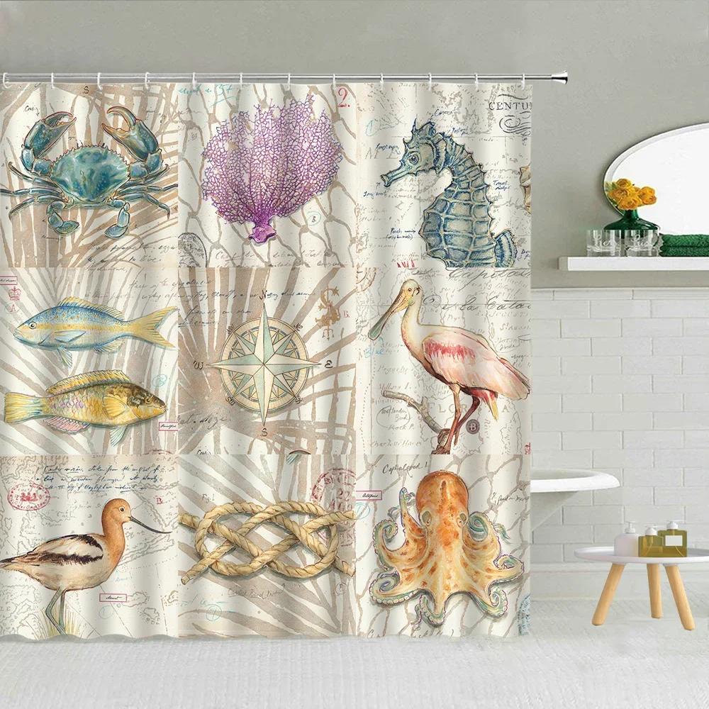 Fun Cartoon Sea Animal Shower Curtain, Sea Turtle Octopus Jellyfish Whale Crab Sea Life Landscape, Bathroom Shower Curtain Set