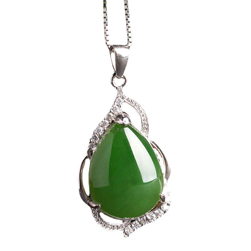 925 Sterling Silver Hetian Jade Water Drop Pendant Necklace with Certificate Jasper Style