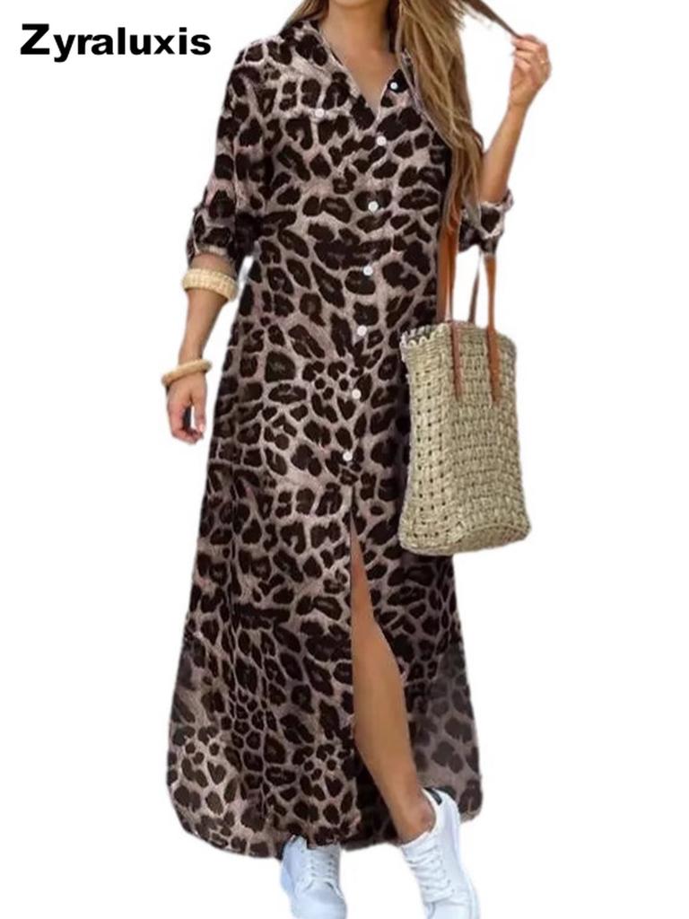New Women's Spring/Summer Leopard Print Fashion Ripped Long Sleeve Shirt Dress