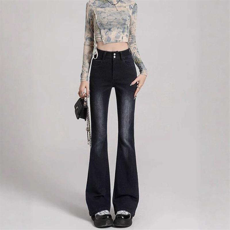 

Women s Fleece-Lined Black-Grey High-Waisted Micro-Flare Jeans, Autumn/Winter 2025, Double-Breasted, Slimming, Horseshoe Flare Design X-Large