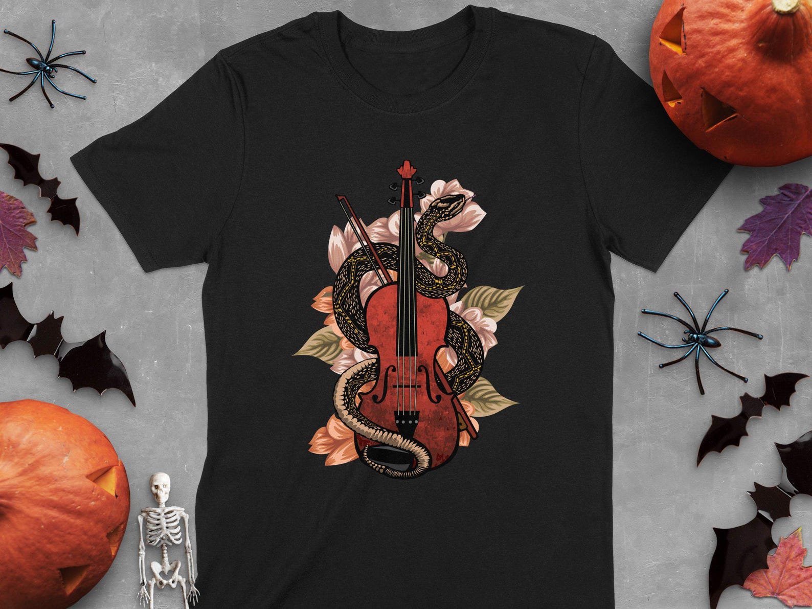 Snake and Violin T-Shirt, Witchcraft Gothic Apparel, Occult Horror Graphic Tee, Dark Art Mythology Halloween Clothing S
