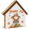 Scarecrows Fall Decor, Pumpkin Scarecrow Happy Fall House Shaped Wood Block Sign, Autumn Farmhouse Home Decor for Desk Table Shelf