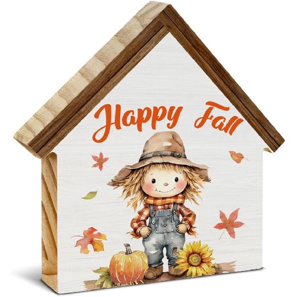 Scarecrows Fall Decor, Pumpkin Scarecrow Happy Fall House Shaped Wood Block Sign, Autumn Farmhouse Home Decor for Desk Table Shelf