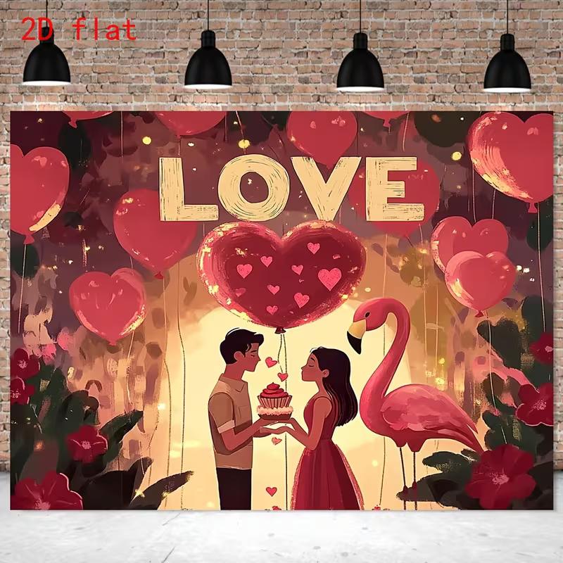 

2D Romantic Love Backdrop, LOVE Print with Couple, Flamingo and Heart Balloons Photo Banner 47.2x31.5inch/120*80cm