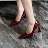 Fashion Women Elegant Wine Red Pumps Shallow Mouth Slip on Chunky High-heeled Shoes Woman Sexy Point Toe Versatile Party Banquet Shoes