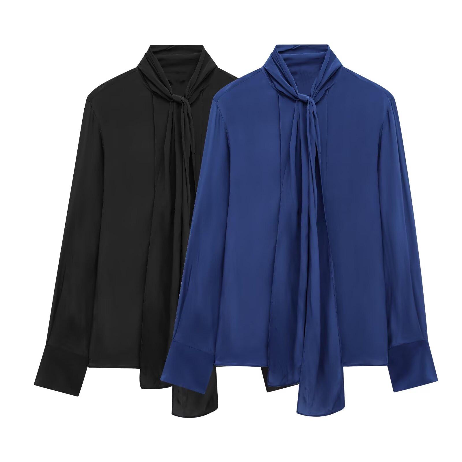 

2025 Spring Women s Casual Solid Color Bow Tie Shirt Large чёрный