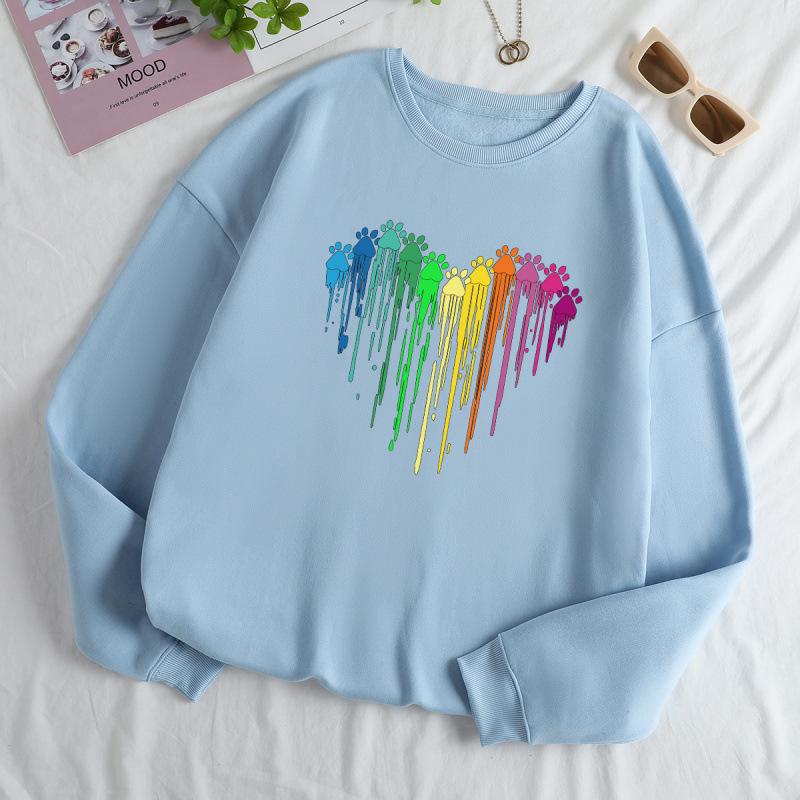 European and American Women's Colorful Heart Shape Loose Hoodie - Plus Velvet, Round Neck, Long Sleeve.
